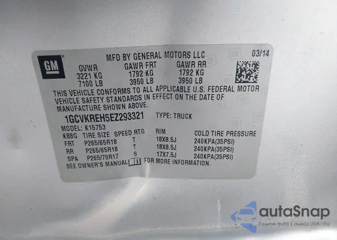 2014 Chevrolet Silverado 1500 2Lt from USA, damaged, VIN 1GCVKREH5EZ293321